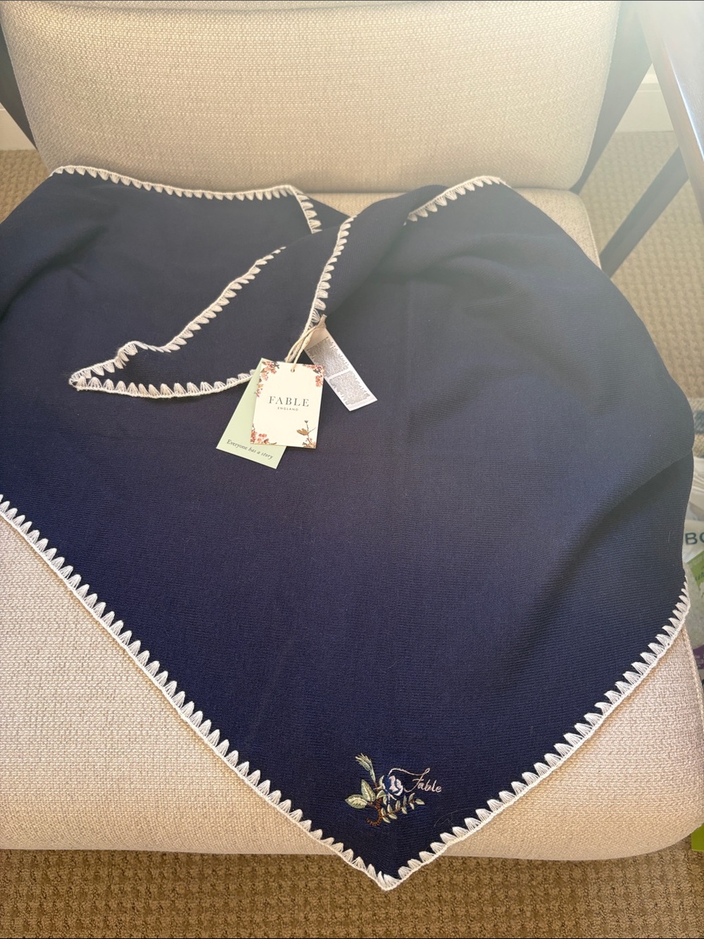 Fable Navy Embroidered Throw with White Trim